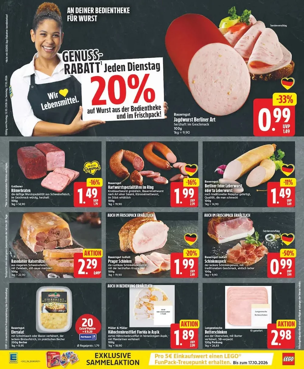 EDEKA Berlin Angebote KW 42 Seite 6 mit Angeboten für Jagdwurst, Römerbraten, Leberwurst & Prager Schinken