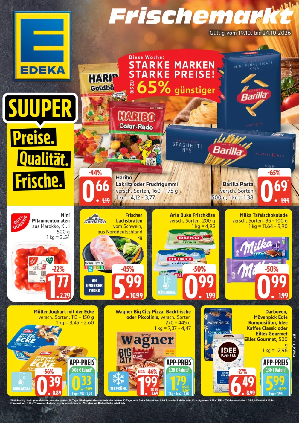 Edeka Frischemarkt Prospekt ab 19.10.2026 Seite 1 mit Haribo, Barilla Pasta, Lachsbraten & Arla Buko