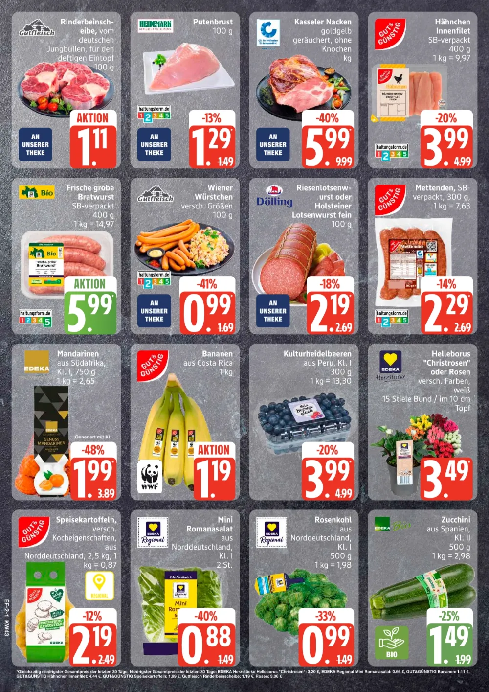Edeka Frischemarkt Prospekt KW 43 Seite 2 mit Rinderbeinscheibe, Putenbrust, Kasseler Nacken & Mandarinen