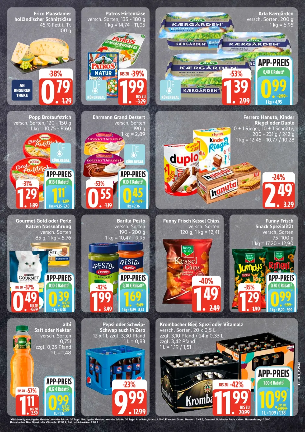 Edeka Frischemarkt Prospekt KW 43 Seite 3 mit Frico Maasdamer, Patros Hirtenkäse & Arla Kærgården