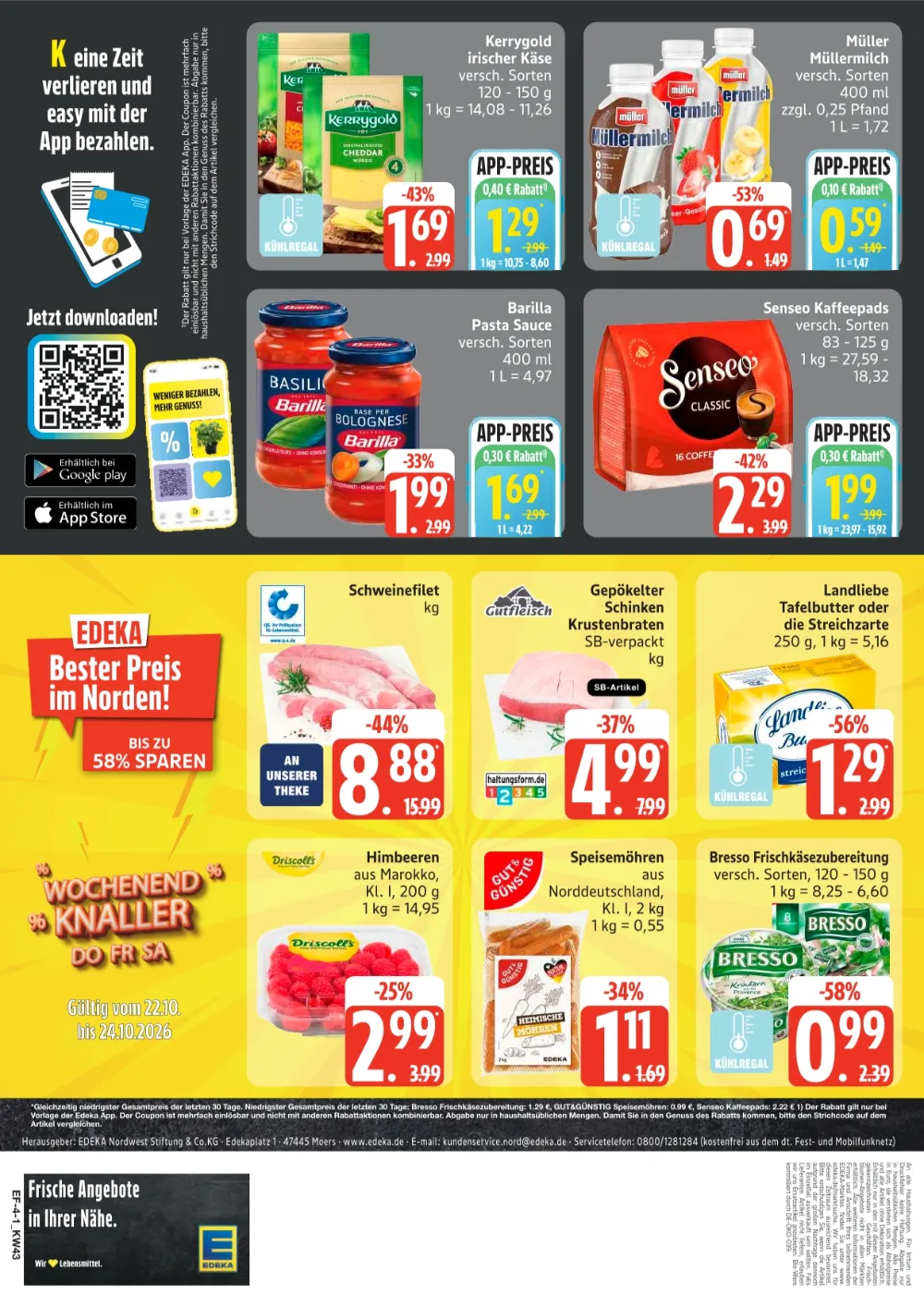 Edeka Frischemarkt Prospekt KW 43 Seite 4 mit Kerrygold, Müller Müllermilch, Schweinefilet & Krustenbraten   