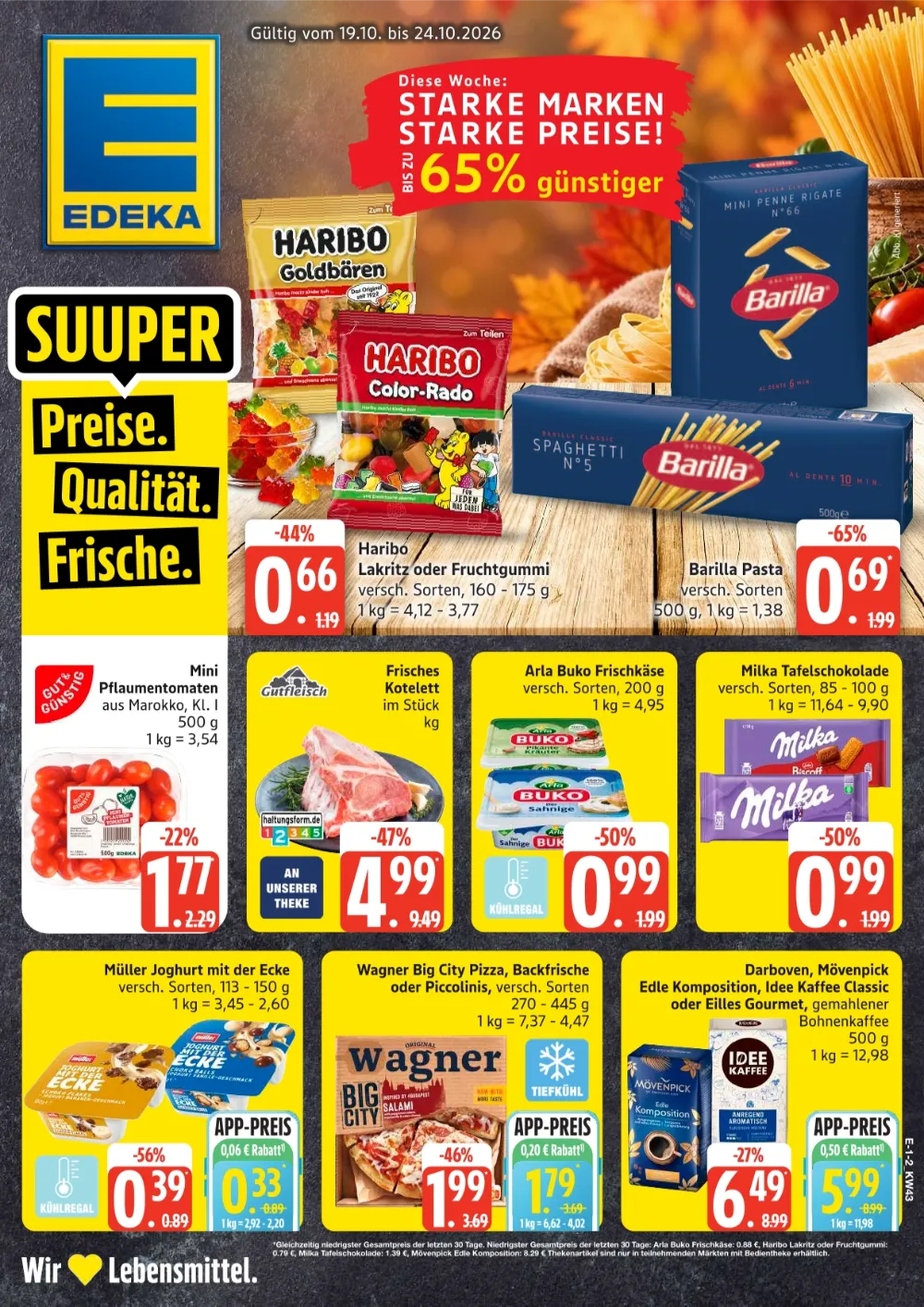 Edeka Nord Angebote ab 19.10.2026 Seite 1 mit Angebote für Haribo, Barilla Pasta, Pflaumentomaten & Milka Schokolade