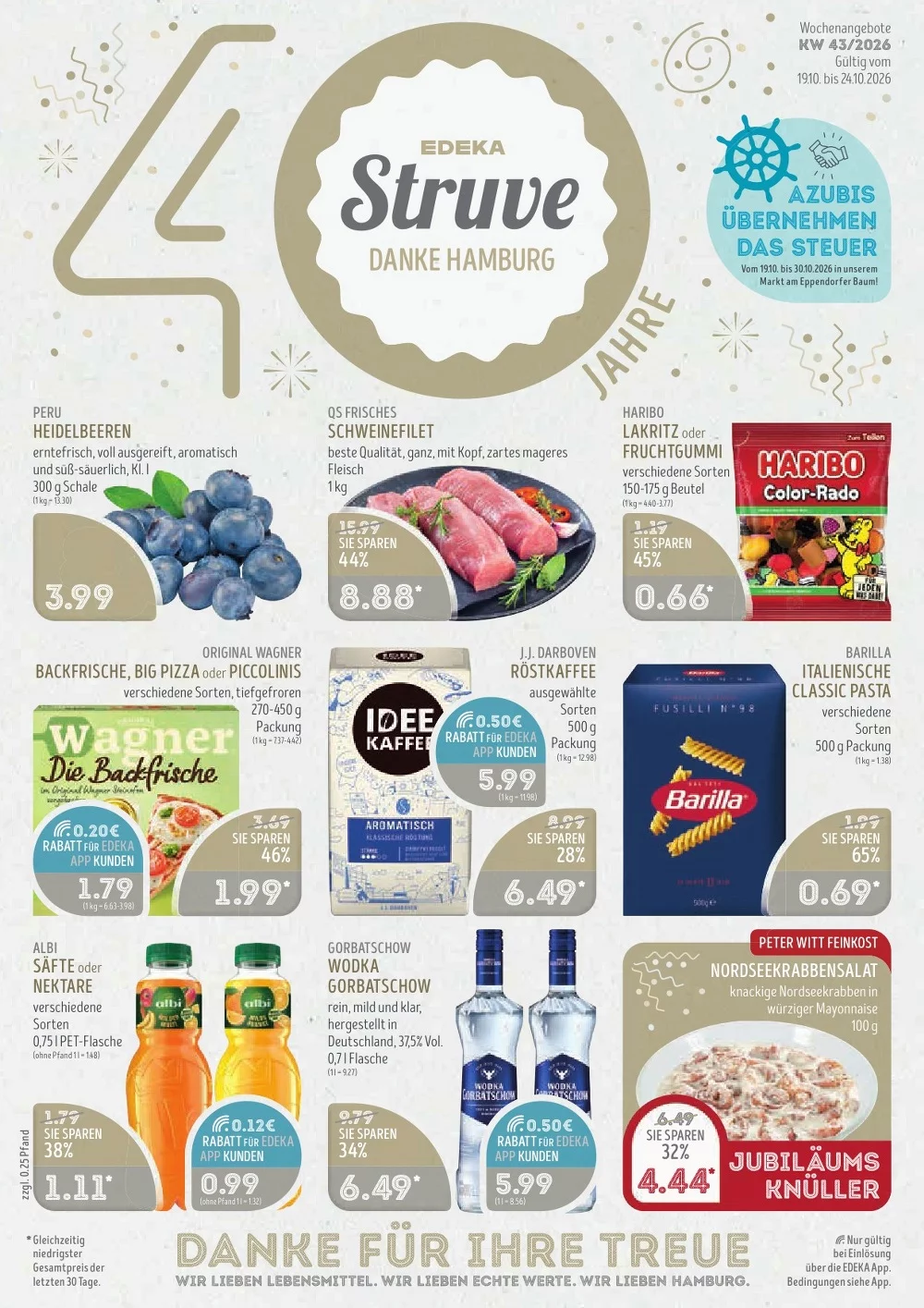 Edeka Struve Prospekt ab 19.10.2026 Seite 1 mit Heidelbeeren, Schweinefilet, Haribo, Wagner Pizza & Idee Kaffee