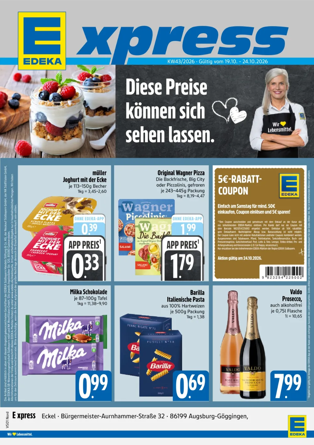 Edeka Xpress Prospekt ab 19.10.2026 Seite 1 mit müller Joghurt mit der Ecke, Wagner Pizza & Milka Schokolade