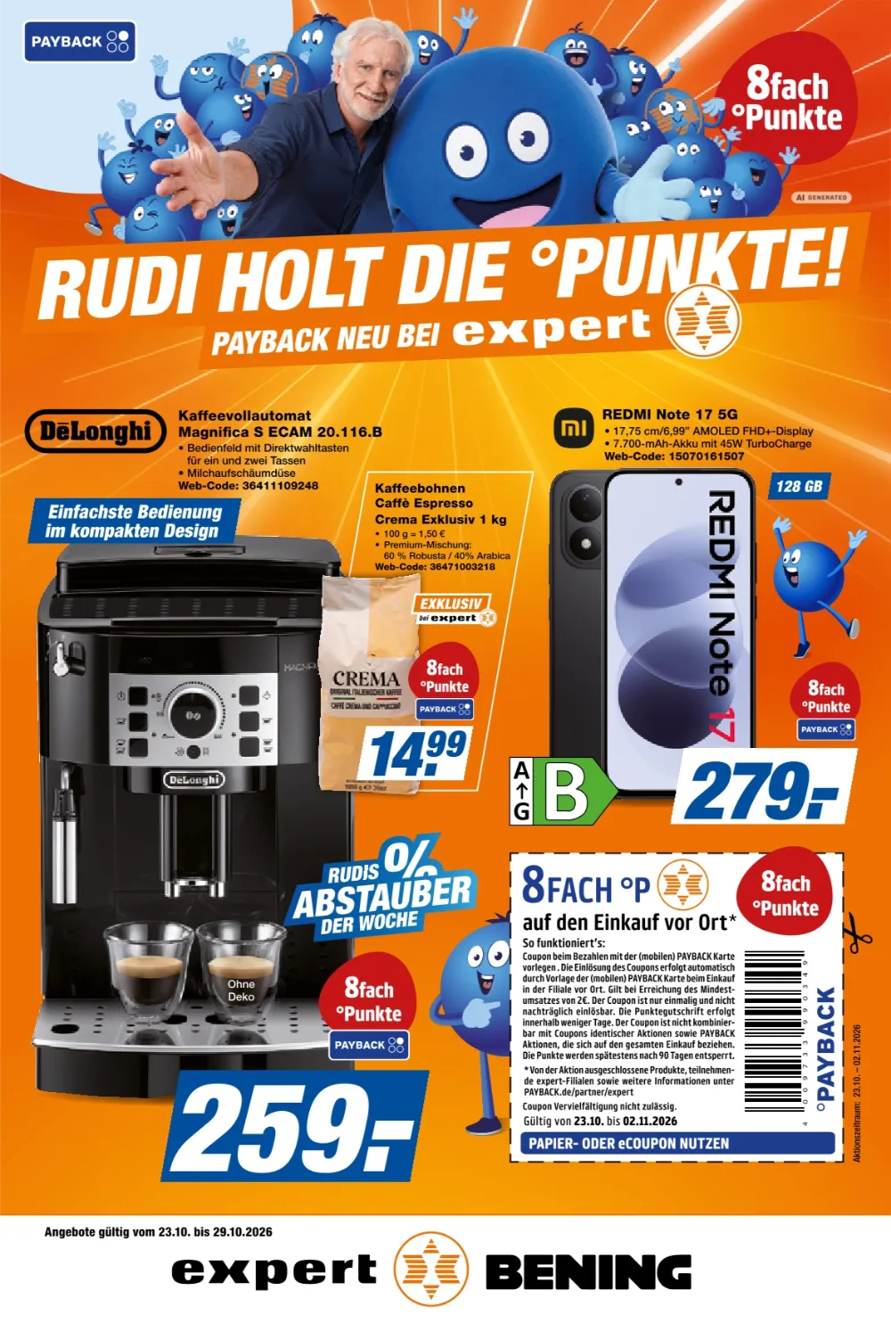 Expert Bening Prospekt ab 23.10.2026, Seite 1 DeLonghi Kaffeevollautomat, Kaffeebohnen und Redmi Note 17 5G