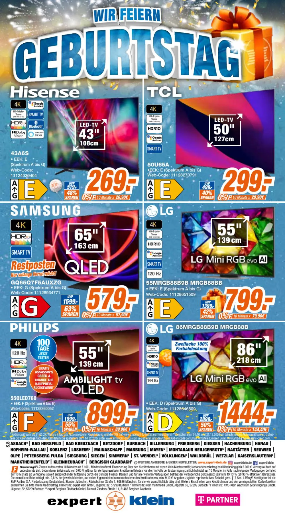 Expert Klein Prospekt KW 43 Seite 7 mit Hisense 43A6S, TCL 50U65A, Samsung GQ65Q7F5AUXZG & LG 55MRGB88B9B