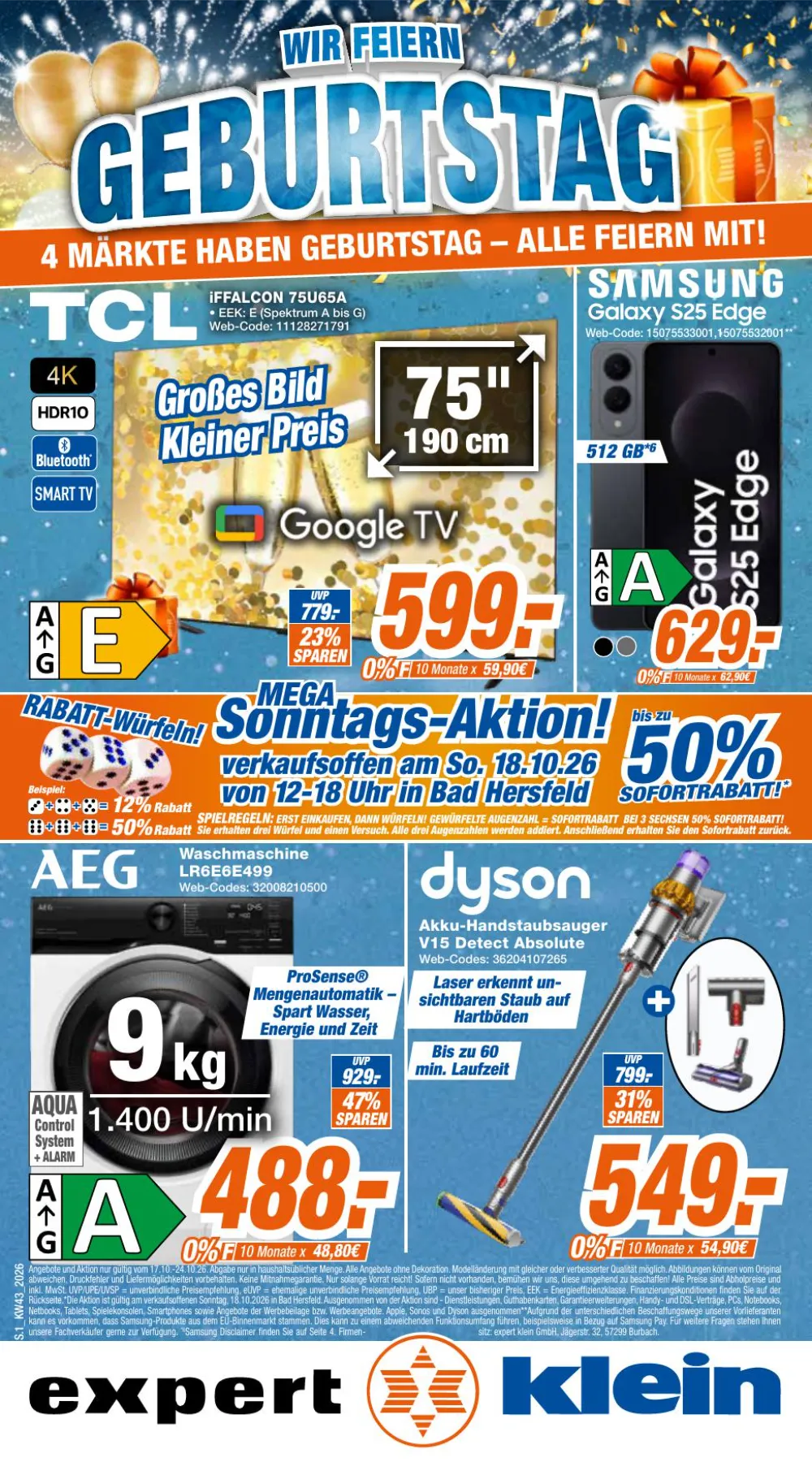 Expert Klein Prospekt KW 43 Seite 8 mit TCL iFFALCON 75U65A, Samsung Galaxy S25 Edge, AEG LR6E6E499 & Dyson V15 Detect