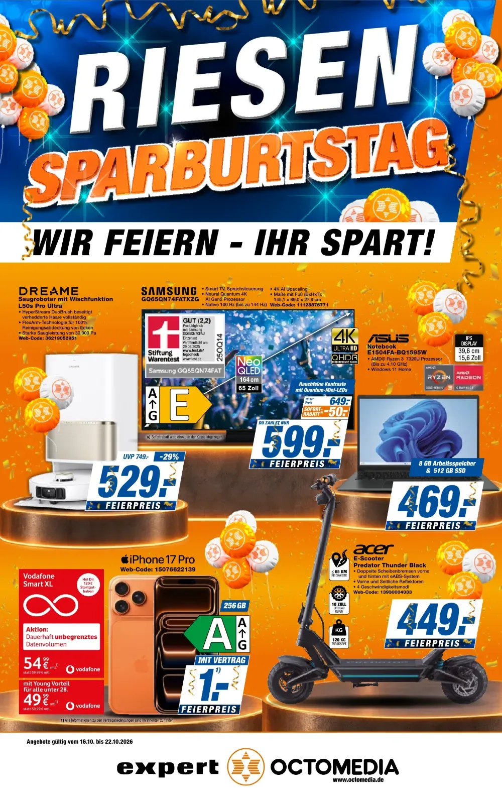 Expert Octomedia Angebote ab 16.10.2026 Seite 1 mit angeboten für Dreame Saugroboter, Samsung Neo QLED & Asus Notebook