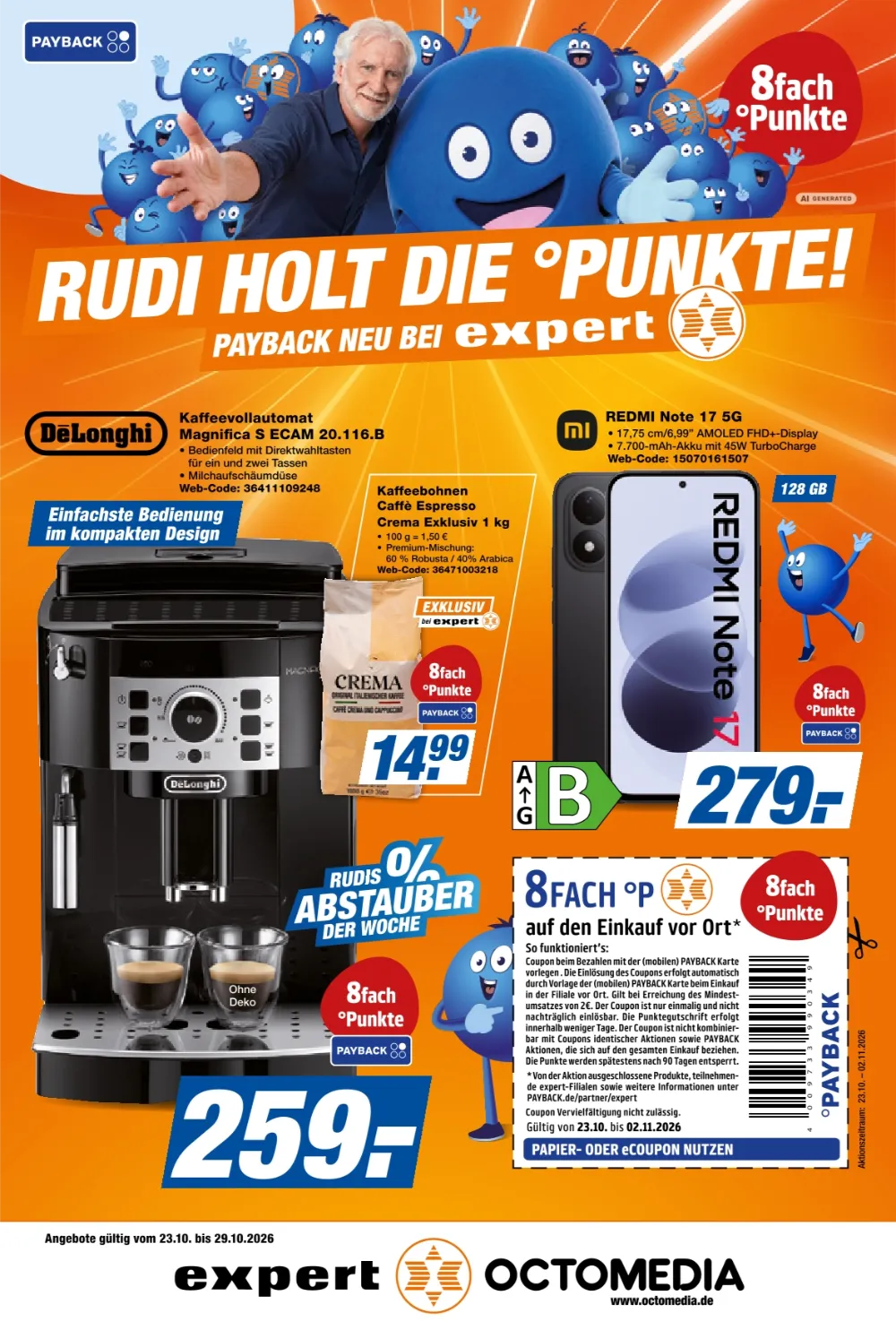 Expert Octomedia Prospekt ab 23.10.2026, Seite 1 DeLonghi Kaffeevollautomat, Kaffeebohnen und Redmi Note 17 5G