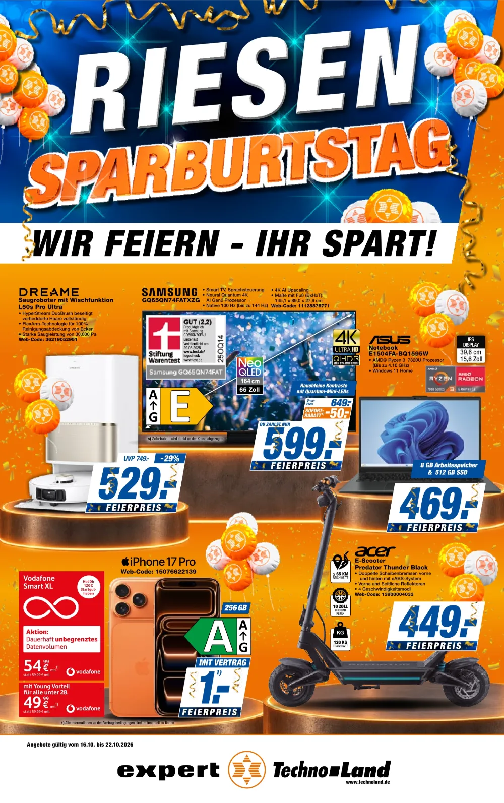Expert Techno-Land Angebote ab 16.10.2026 Seite 1 mit angeboten für Dreame Saugroboter, Samsung Neo QLED & Asus Notebook