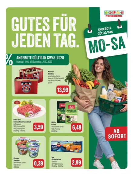 Feneberg Prospekt ab 19.10.2026 (KW 43) Feneberg Angebote ab 19.10.2026 Seite 1 mit angeboten für Paulaner Weißbier, Prima Rind Hackfleisch, Melitta Auslese & Iglo