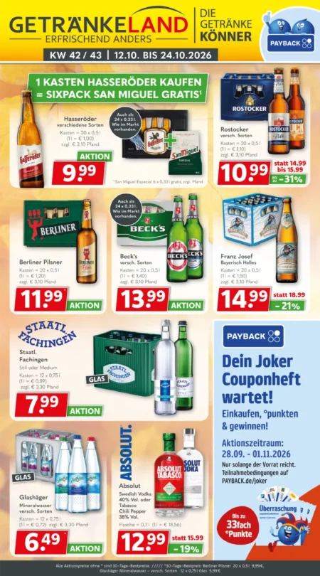Getränkeland Prospekt ab 12.10.2026 (KW 42–43) Getränkeland Prospekt ab 12.10.2026 Seite 1 mit Hasseröder, Rostocker, Berliner Pilsner, Beck's, Franz Josef & Absolut Vodka