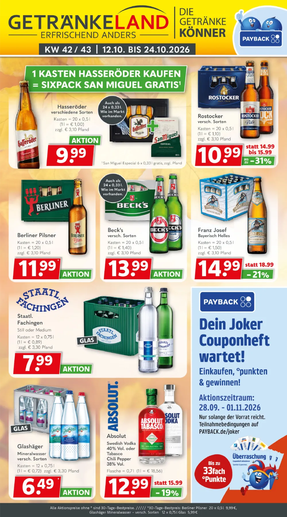 Getränkeland Prospekt ab 12.10.2026 Seite 1 mit Hasseröder, Rostocker, Berliner Pilsner, Beck's, Franz Josef & Absolut Vodka