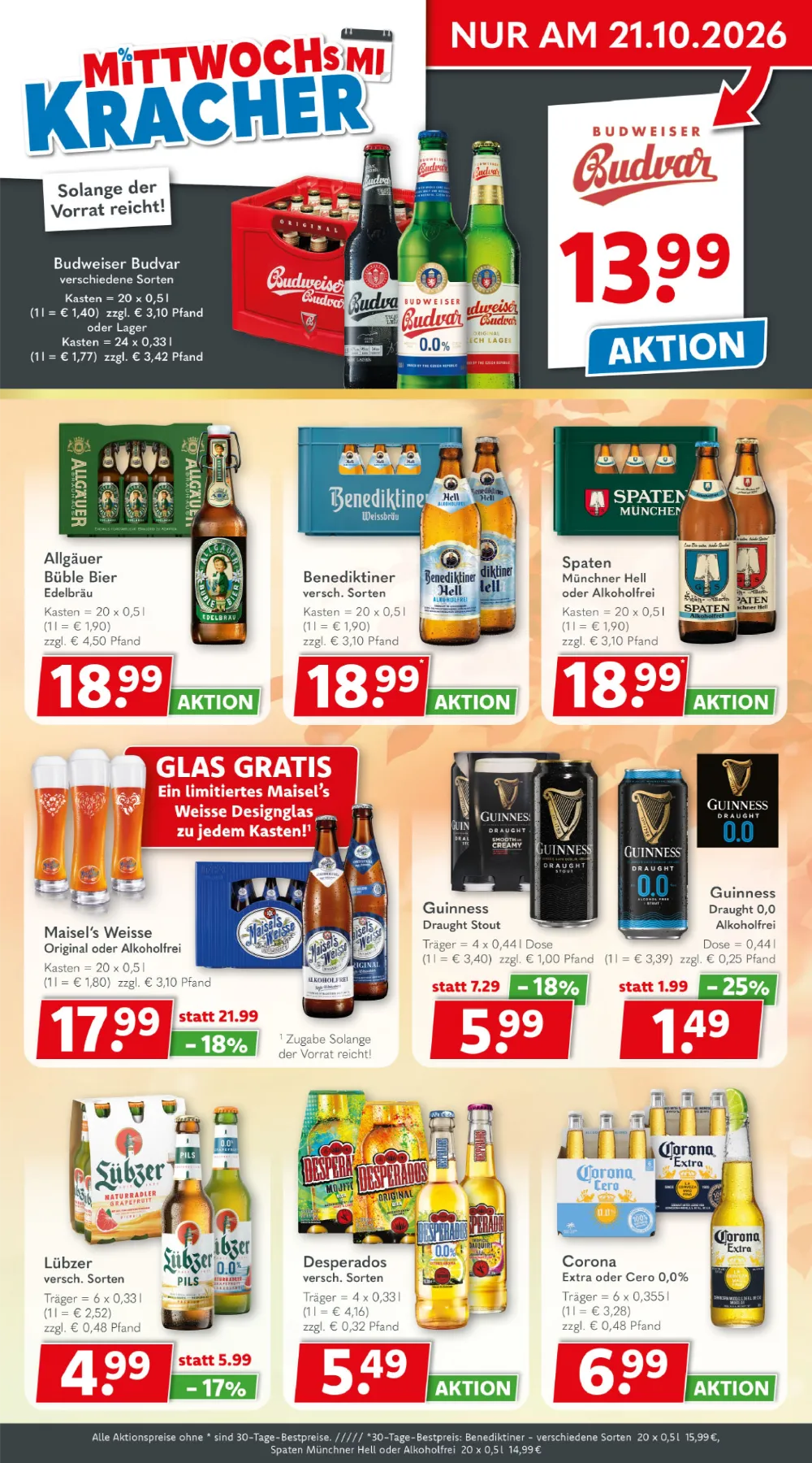 Getränkeland Prospekt KW 42 Seite 3 mit Budweiser Budvar, Allgäuer Büble, Benediktiner, Spaten & Maisel's Weisse