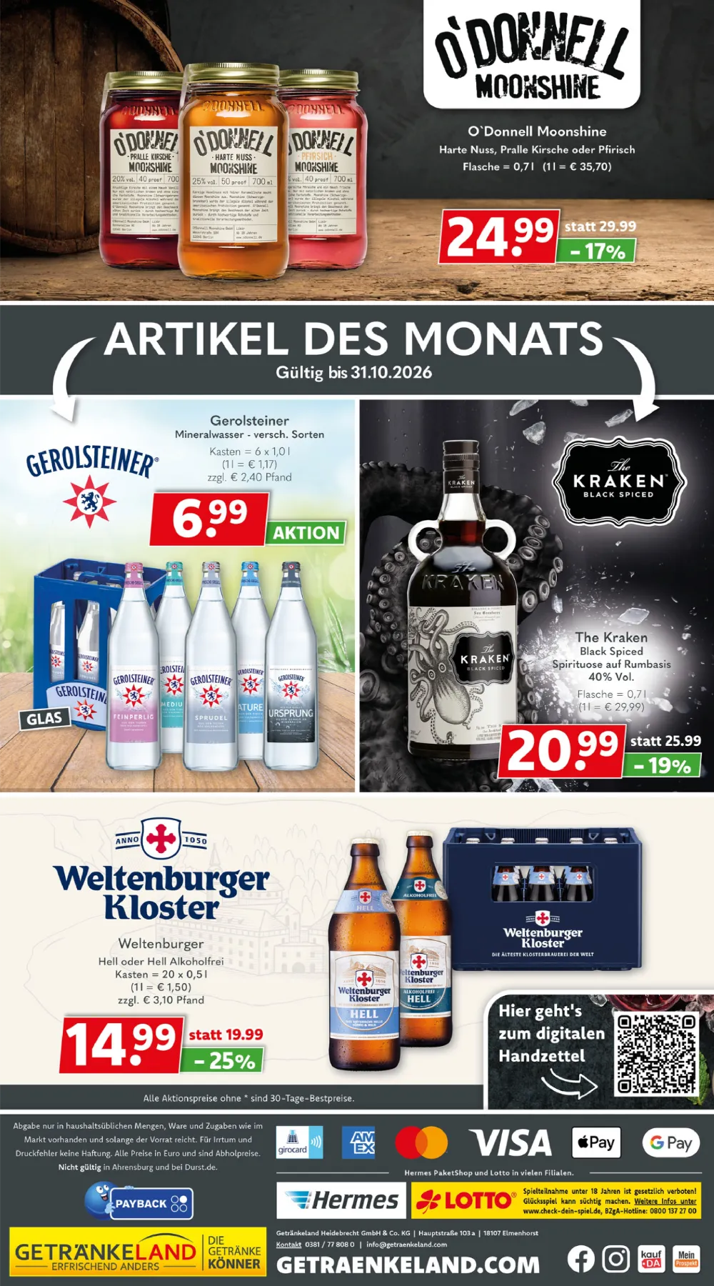 Getränkeland Prospekt KW 42 Seite 6 mit O'Donnell Moonshine, Gerolsteiner, The Kraken & Weltenburger Kloster