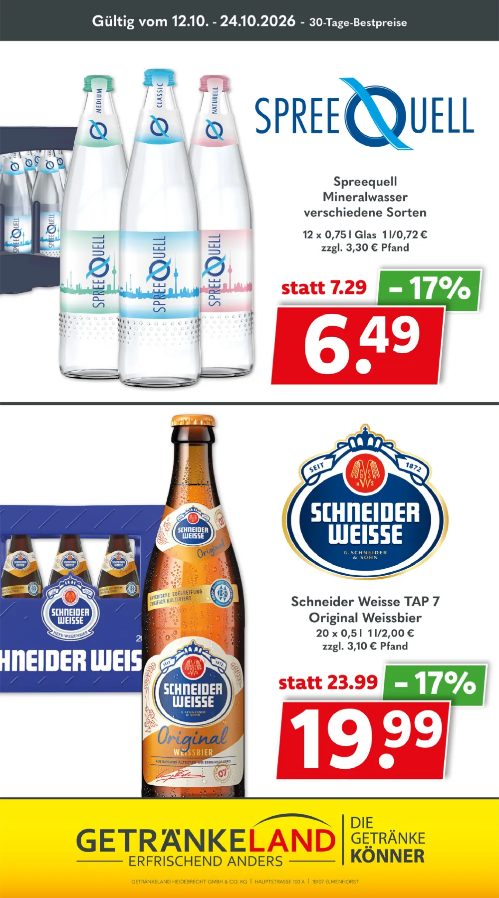 Getränkeland Prospekt KW 42 Seite 7 mit Spreequell Mineralwasser & Schneider Weisse TAP 7 Original Weissbier