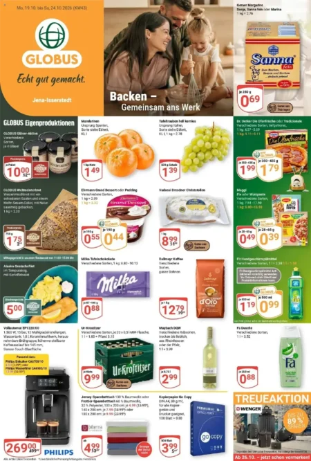 Globus Prospekt ab 19.10.2026 Seite 1 mit Geraer Margarine, Mandarinen, Dr. Oetker Die Ofenfrische & Dallmayr Kaffee