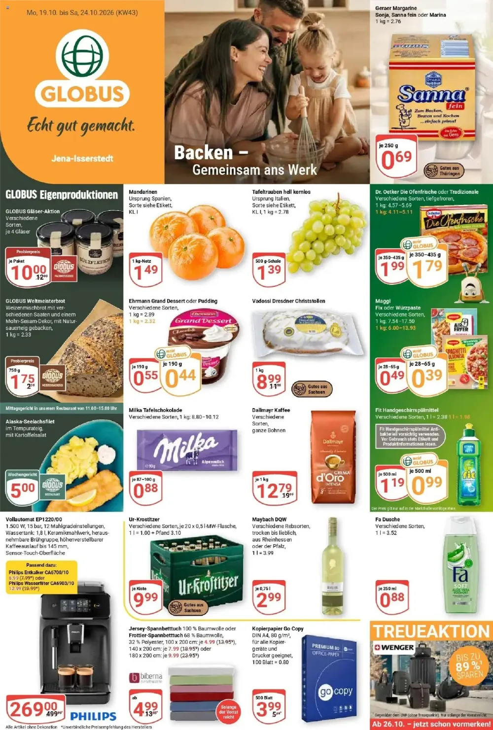 Globus Prospekt ab 19.10.2026 Seite 1 mit Geraer Margarine, Mandarinen, Dr. Oetker Die Ofenfrische & Dallmayr Kaffee