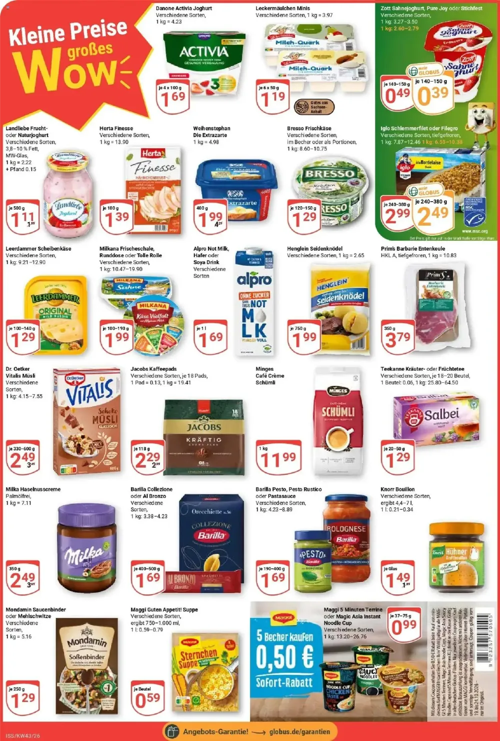 Globus Prospekt KW 43 Seite 2 mit Danone Activia, Landliebe Joghurt, Leerdammer, Vitalis Müsli & Barilla Pasta