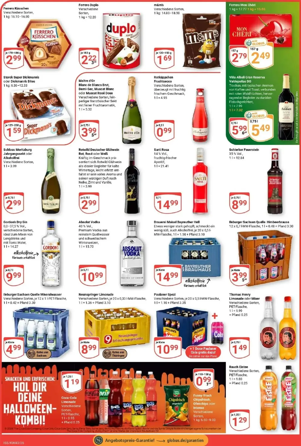Globus Prospekt KW 43 Seite 4 mit Ferrero Küsschen, duplo, Super Dickmann's, Rotkäppchen Fruchtsecco & Absolut Vodka