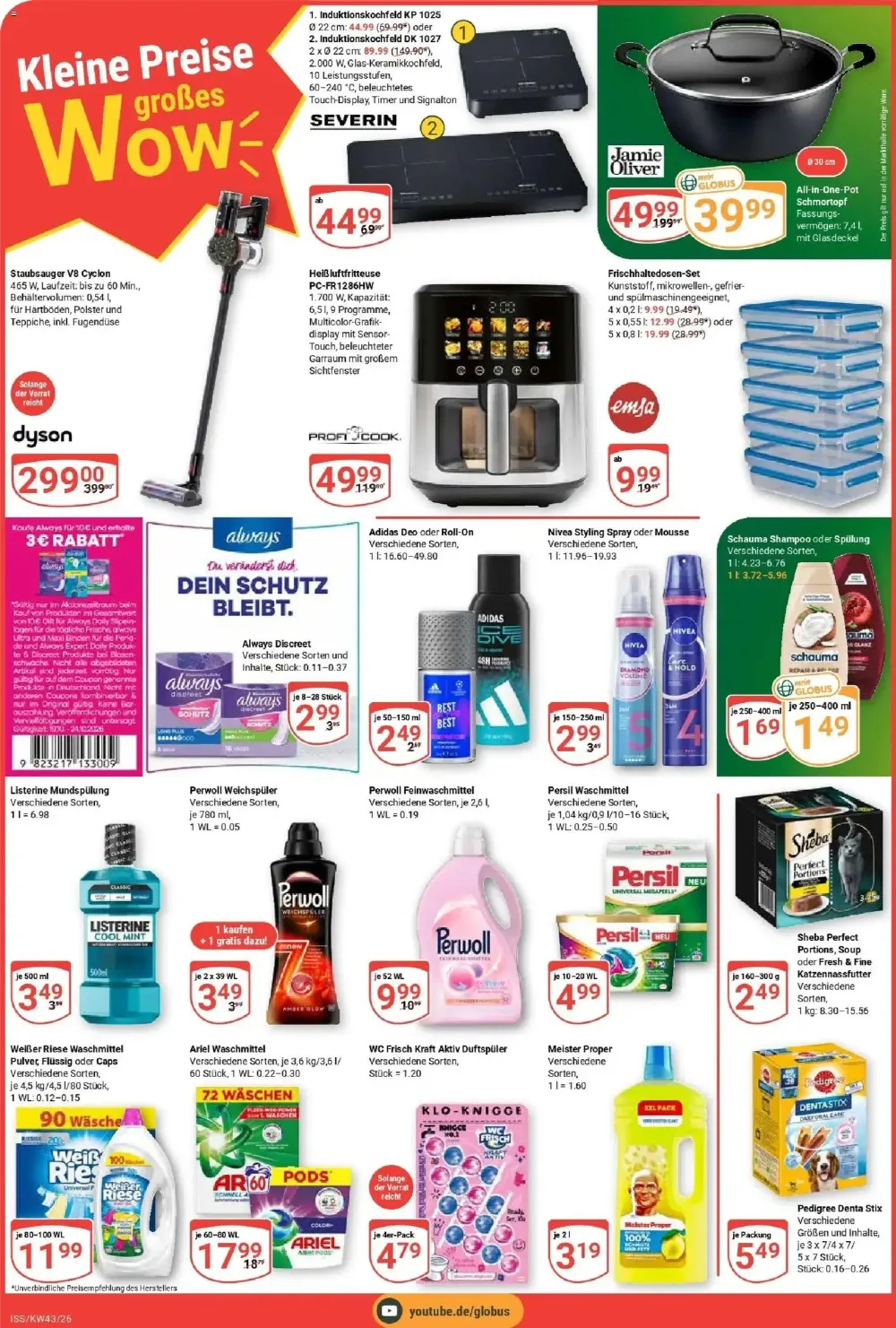 Globus Prospekt KW 43 Seite 5 mit Dyson V8 Staubsauger, Induktionskochfeld, Jamie Oliver Schmortopf & Persil