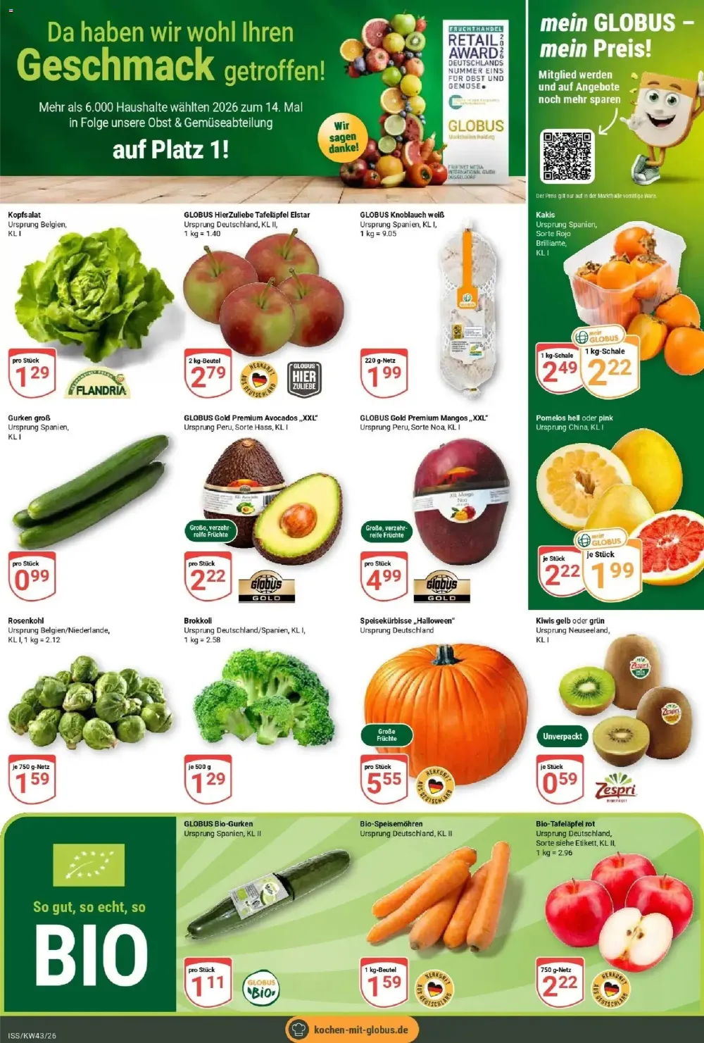 Globus Prospekt KW 43 Seite 6 mit Kopfsalat, Tafeläpfel Elstar, Knoblauch, Avocados, Mangos & Speisekürbisse Halloween