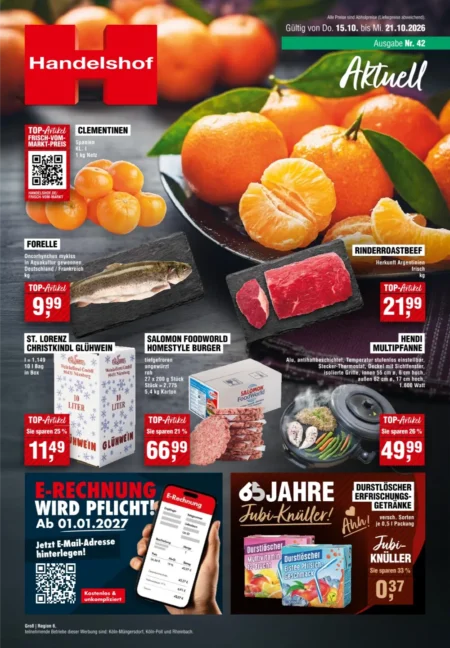 Handelshof Prospekt ab 15.10.2026 Seite 1 mit Clementinen, Forelle, Rinderroastbeef, Glühwein & Homestyle Burger