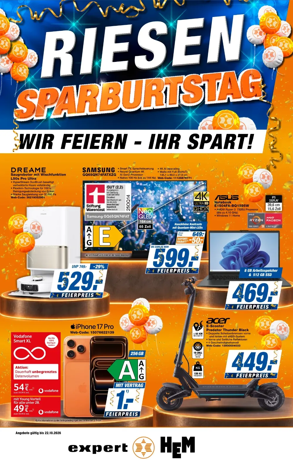 Hem Expert Prospekt ab 16.10.2026 Seite 1 mit Dreame Saugroboter, Samsung Neo QLED, Asus Notebook & iPhone 17 Pro