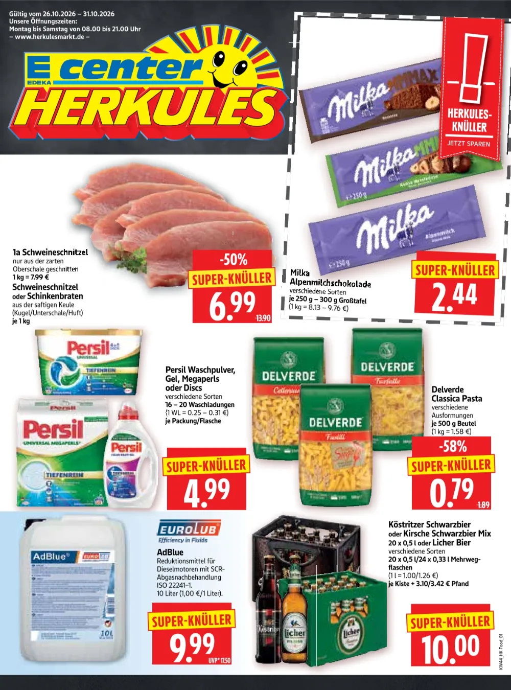 Herkules E Center Prospekt ab 26.10.2026, Seite 1 Schweineschnitzel, Milka Schokolade, Persil, Delverde Pasta und Köstritzer