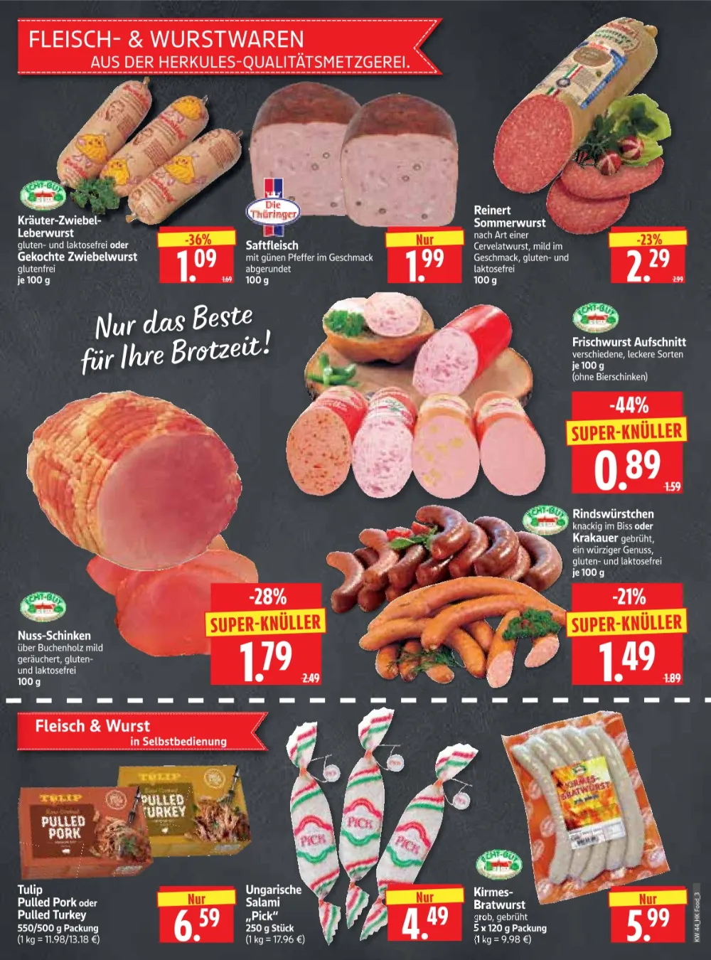 Herkules E Center Prospekt KW 44, Seite 3 Leberwurst, Saftfleisch, Sommerwurst, Nuss-Schinken, Tulip Pulled Pork und Pick Salami