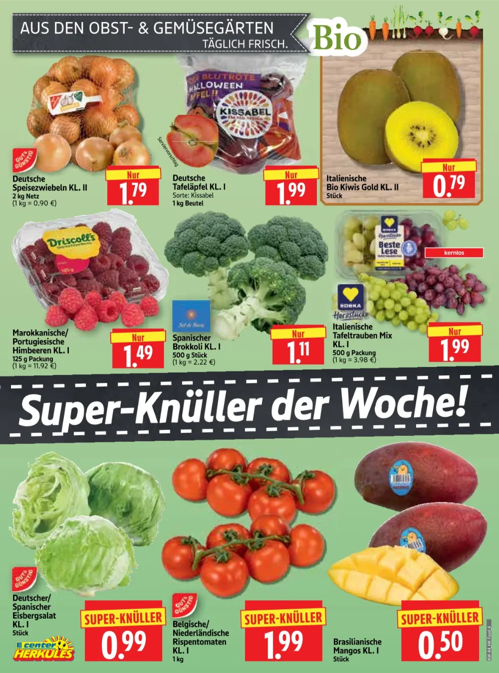 Herkules E Center Prospekt KW 44, Seite 4 Speisezwiebeln, Kissabel Äpfel, Bio Kiwis Gold, Driscoll's Himbeeren und Rispen-Tomaten