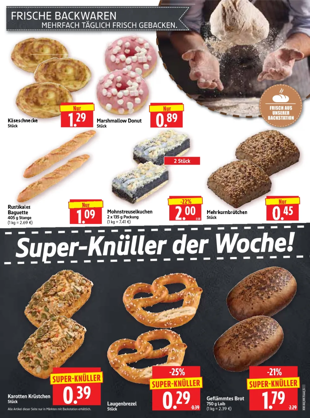 Herkules E Center Prospekt KW 44, Seite 5 Käseschnecke, Marshmallow Donut, Rustikales Baguette, Laugenbrezel und Geflämmtes Brot