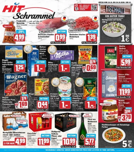 HIT Schrammel Prospekt ab 19.10.2026 (KW 43) Hit Schrammel Prospekt ab 19.10.2026 Seite 1 mit Walnüsse, Schweinefilet, Rinderhack, Meggle Butter & Milka