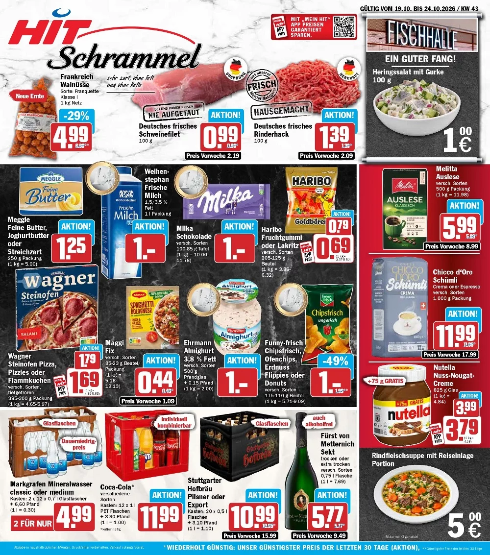 Hit Schrammel Prospekt ab 19.10.2026 Seite 1 mit Walnüsse, Schweinefilet, Rinderhack, Meggle Butter & Milka