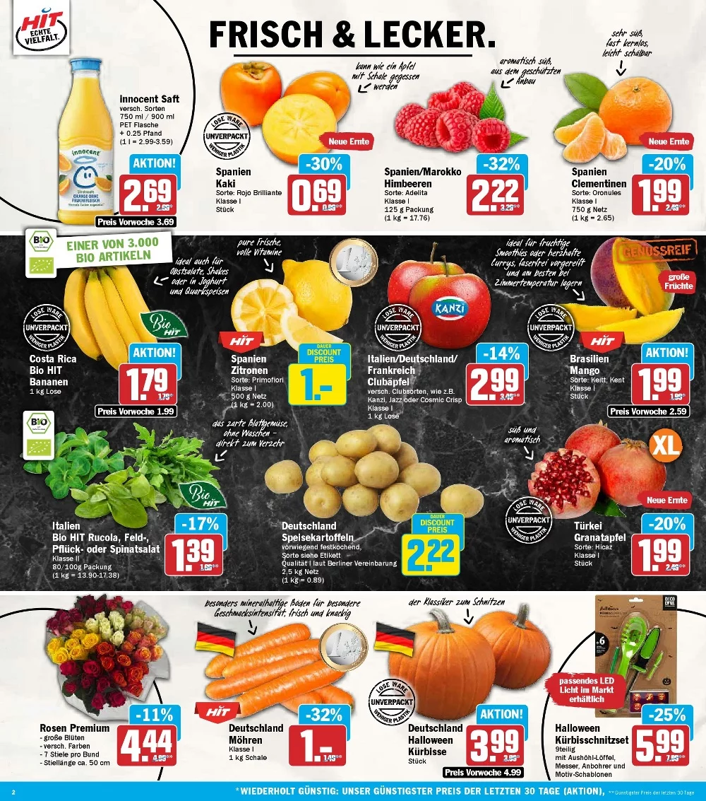 Hit Schrammel Prospekt KW 43 Seite 2 mit Innocent Saft, Kaki, Himbeeren, Clementinen & Bio HIT Bananen