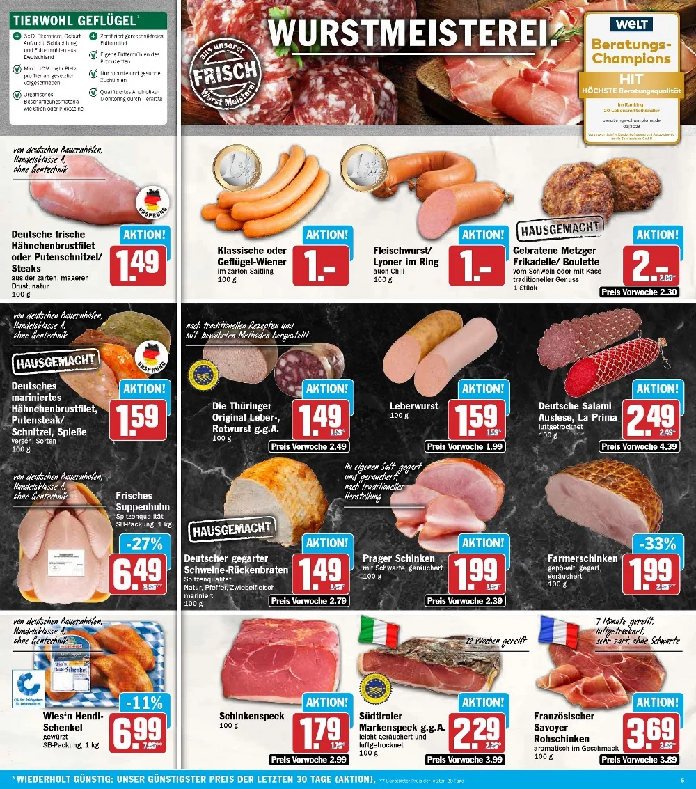 Hit Schrammel Prospekt KW 43 Seite 5 mit Hähnchenbrustfilet, Geflügel-Wiener, Fleischwurst & Leberwurst