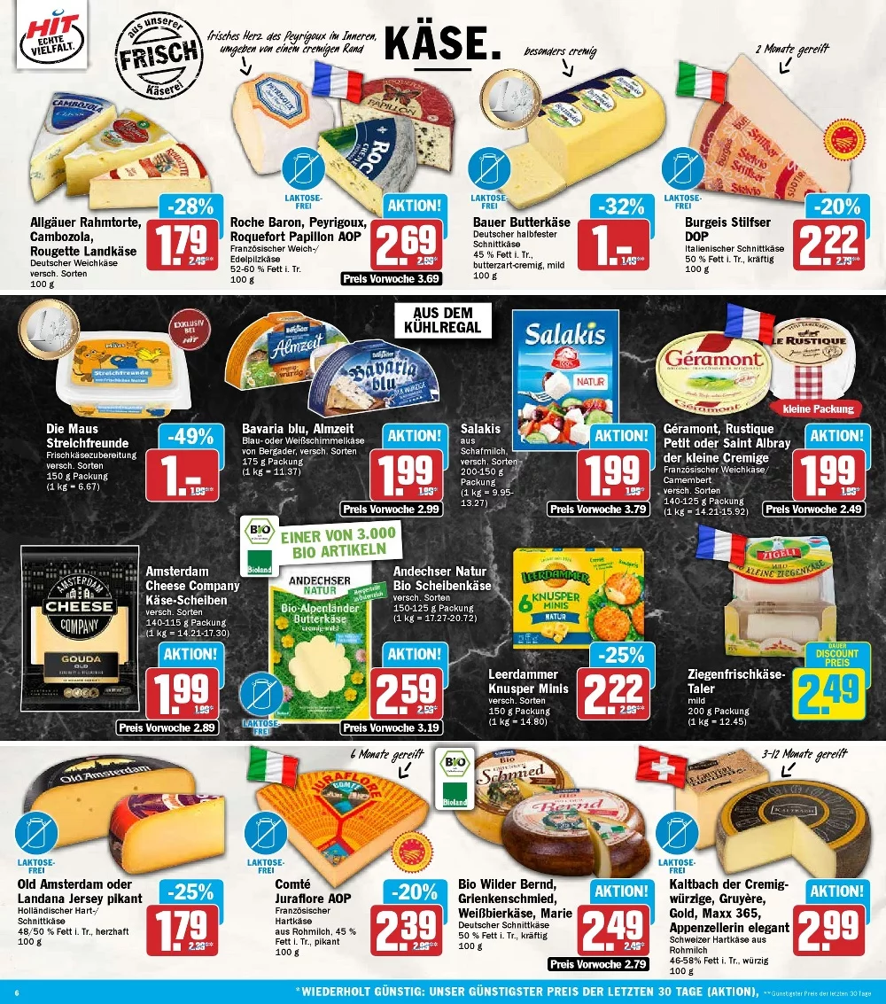 Hit Schrammel Prospekt KW 43 Seite 6 mit Allgäuer Rahmtorte, Cambozola, Roche Baron & Bauer Butterkäse