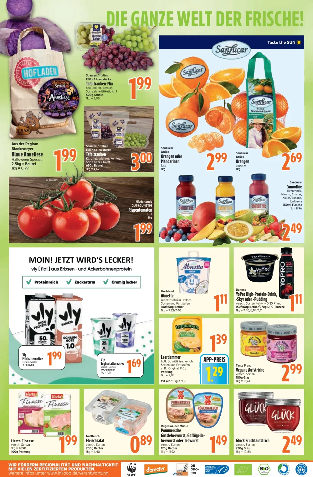 Inkoop Prospekt KW 44, Seite 2 Blaue Anneliese, SanLucar Orangen, Almette, Leerdammer, Herta Finesse und Glück