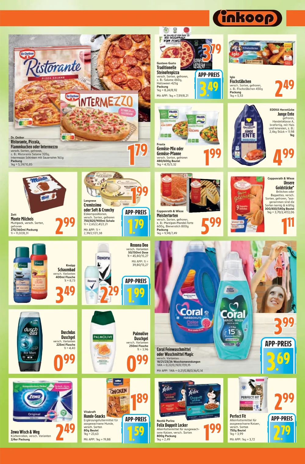Inkoop Prospekt KW 44, Seite 6 Dr. Oetker Ristorante, Iglo Fischstäbchen, Coral Feinwaschmittel und Zewa Wisch & Weg