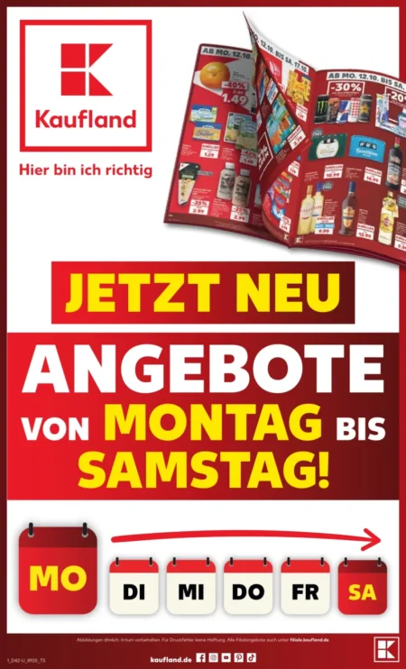 Kaufland Prospekt ab 12.10.2026 (KW 42) Kaufland Prospekt ab 12.10.2026 Seite 1 mit Titelseite & Hinweis auf Wochenangebote von Montag bis Samstag