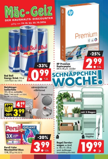 Mäc Geiz Angebote im Prospekt ab 19.10.2026 (KW 43) Mäc-Geiz Angebote ab 19.10.2026 Seite 1 mit angeboten für Red Bull, HP Copierpapier, Heizkörper-Isolierfolie & Persil