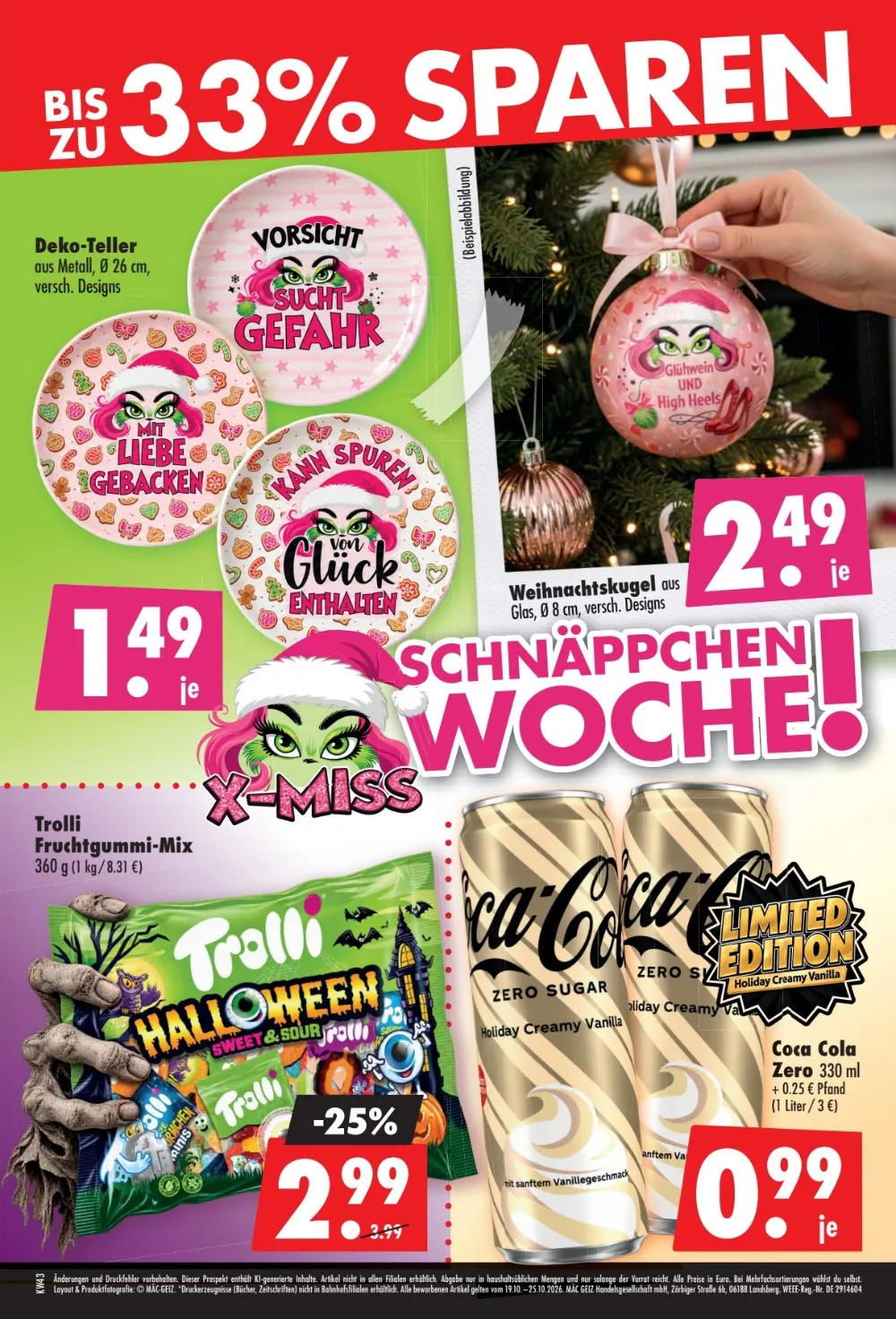 Mäc-Geiz Angebote KW 43 Seite 2 mit angeboten für Deko-Teller, Weihnachtskugel, Trolli Fruchtgummi & Coca Cola Zero
