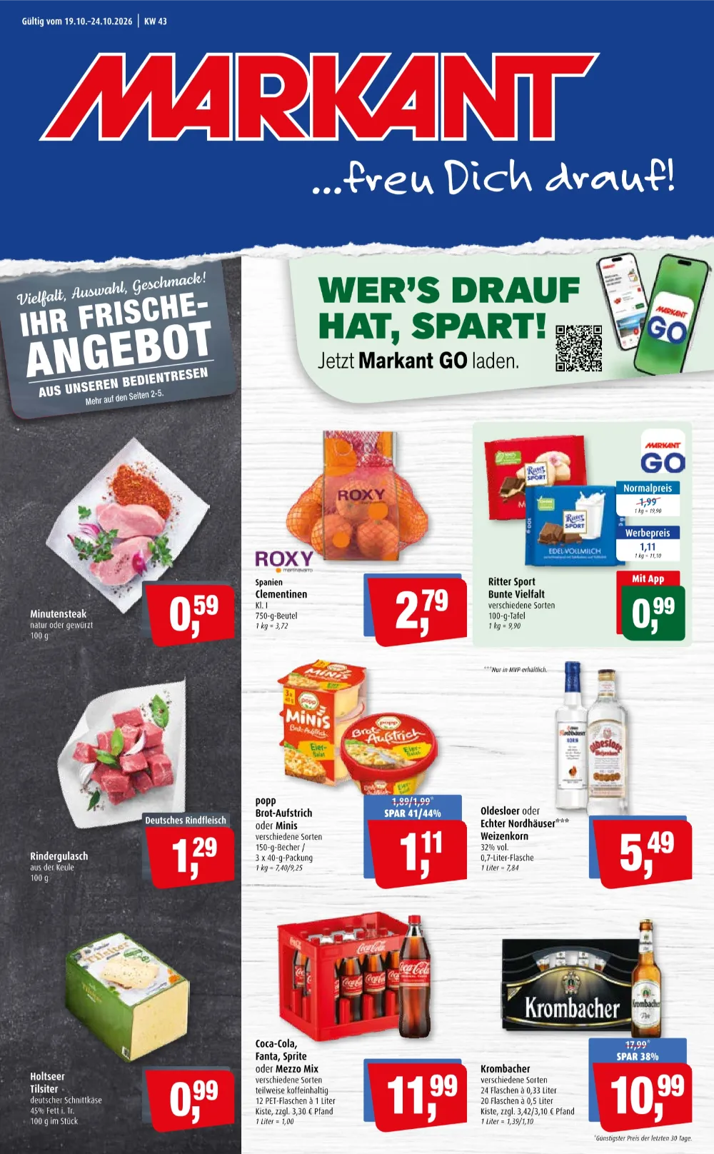 Markant Angebote ab 19.10.2026 Seite 1 mit Angeboten für Minutensteak, Clementinen, Ritter Sport & Coca-Cola