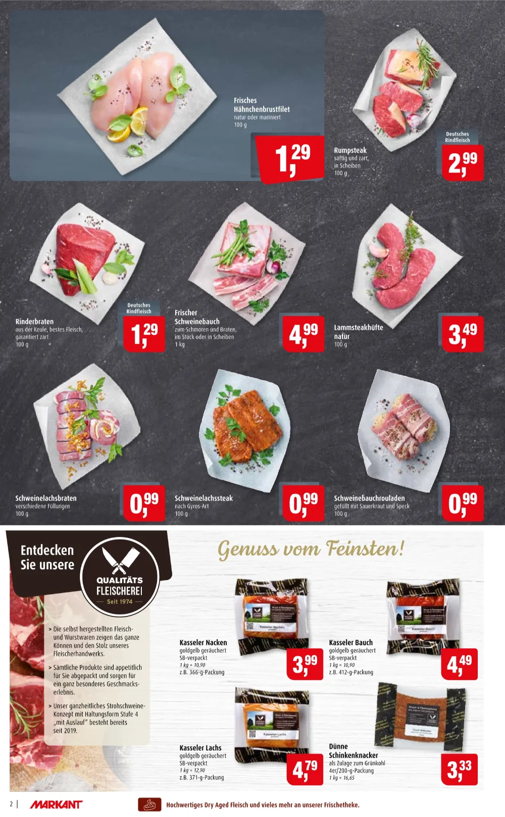 Markant Angebote KW 43 Seite 2 mit Angeboten für Hähnchenbrustfilet, Rumpsteak, Rinderbraten & Schweinebauch