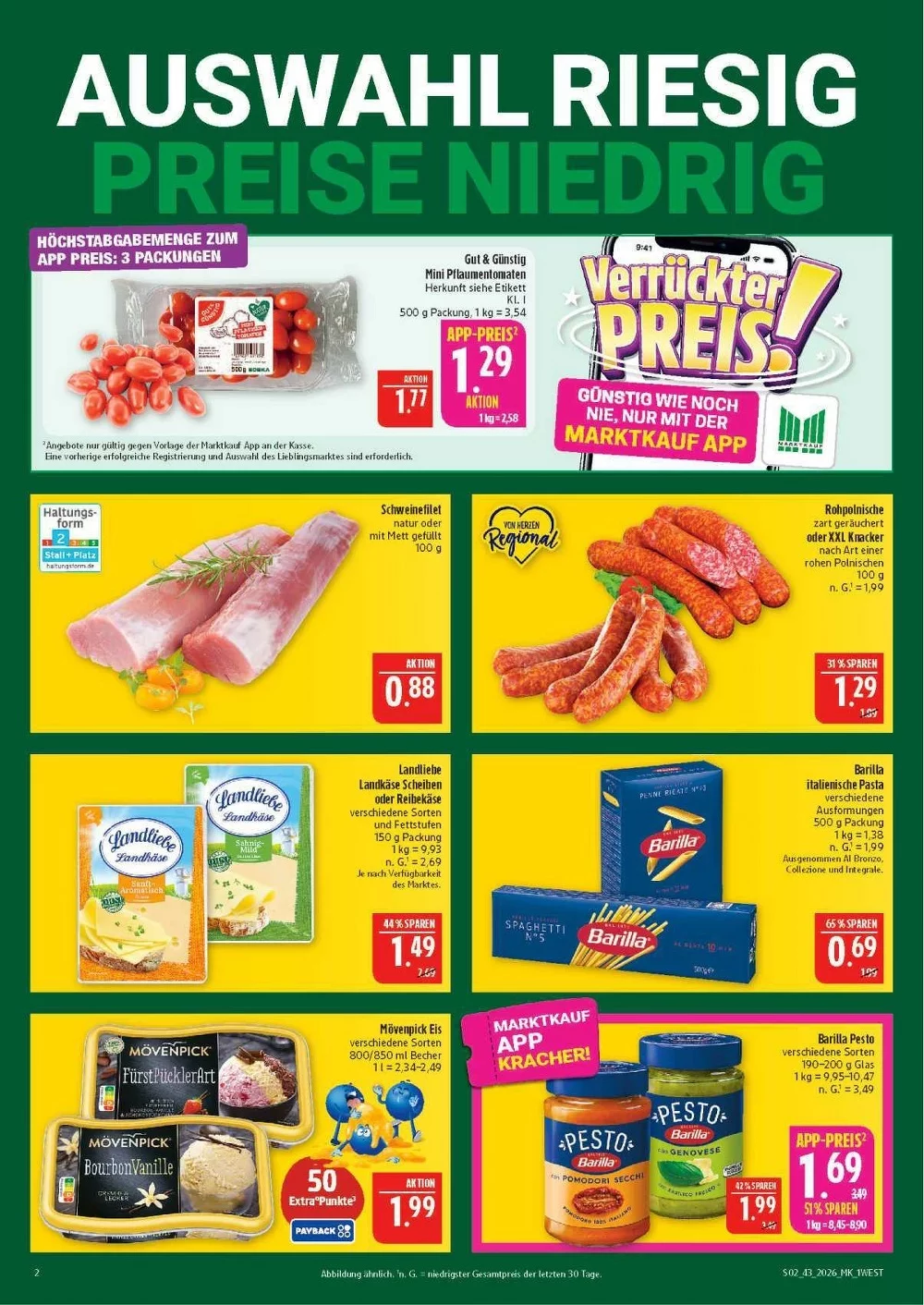 Marktkauf Hof Angebote KW 43 Seite 2 mit angeboten für Mini Pflaumentomaten, Schweinefilet, Landliebe Käse & Barilla