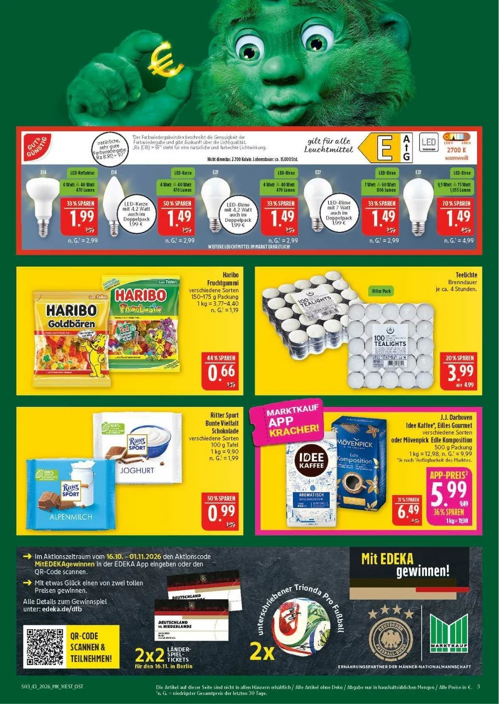 Marktkauf Hof Angebote KW 43 Seite 3 mit angeboten für Gut & Günstig LED-Leuchtmittel, Haribo Goldbären & Ritter Sport