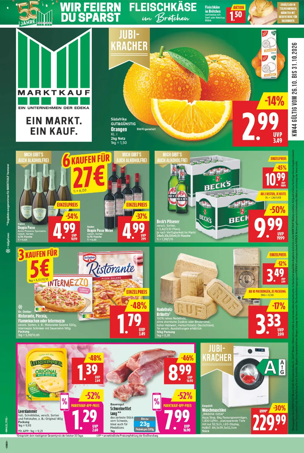 Marktkauf Nord Prospekt ab 26.10.2026, Seite 1 Orangen, Beck's Pilsener, Dr. Oetker Ristorante, Leerdammer und Exquisit Waschmaschine