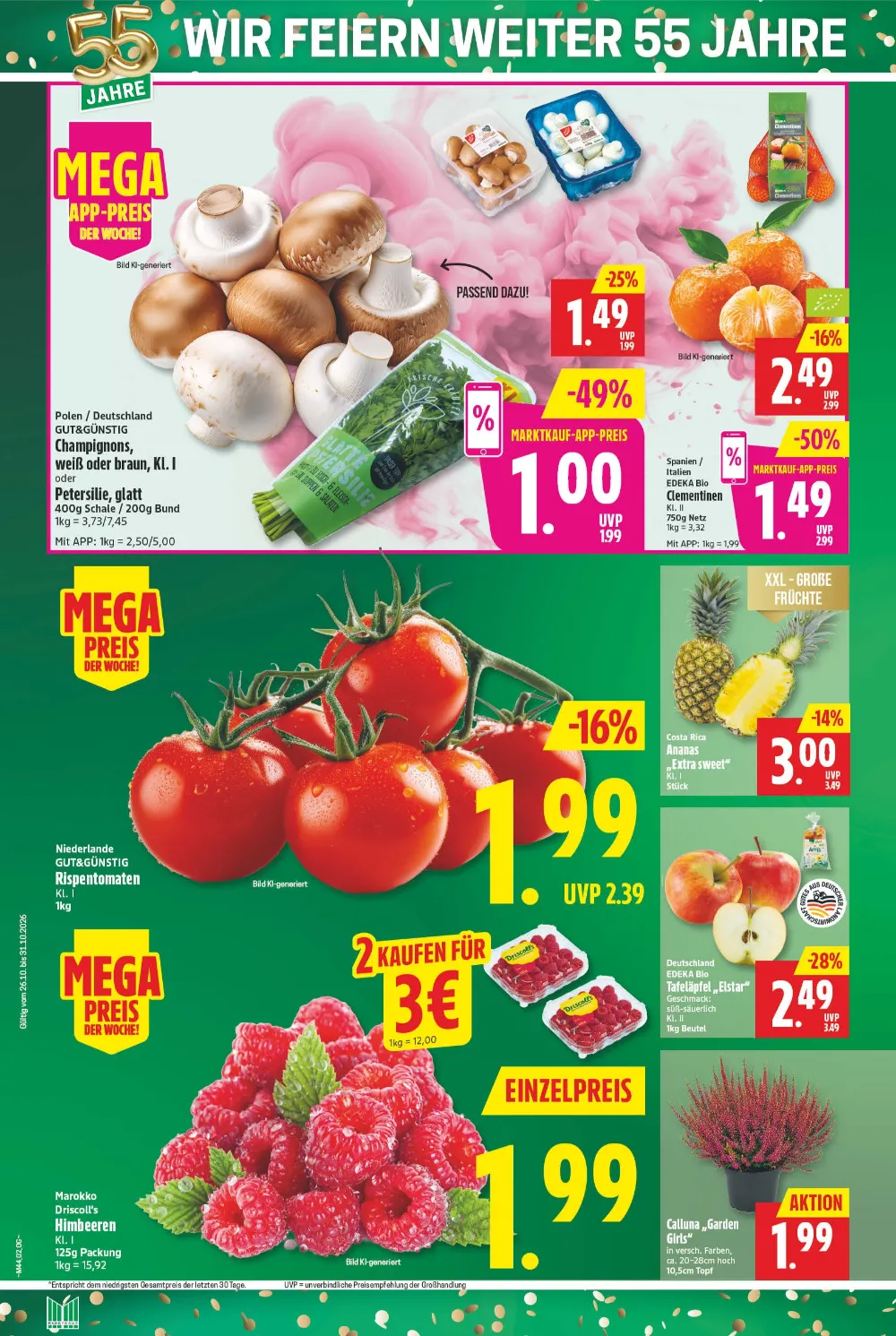 Marktkauf Nord Prospekt KW 44, Seite 2 Champignons, Clementinen, Rispentomaten, Ananas, Driscoll's Himbeeren und Calluna