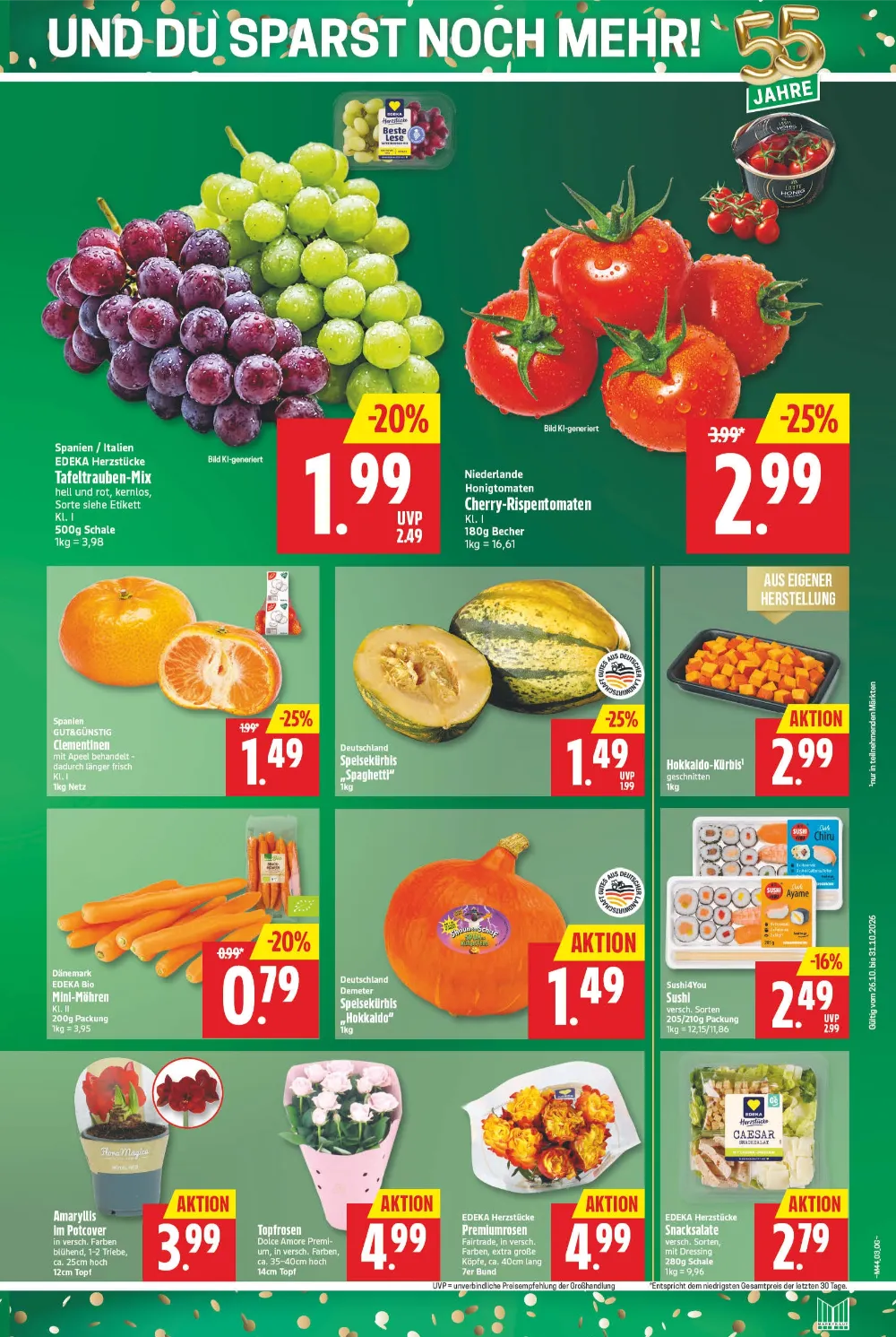 Marktkauf Nord Prospekt KW 44, Seite 3 Tafeltrauben-Mix, Cherry-Rispentomaten, Spaghetti Speisekürbis, Sushi, Amaryllis und Premiumrosen