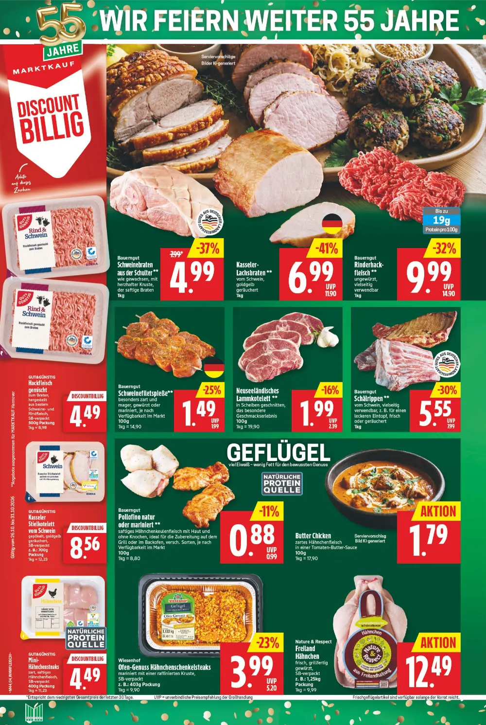 Marktkauf Nord Prospekt KW 44, Seite 4 Schweinebraten, Kasseler-Lachsbraten, Rinderhackfleisch, Neuseeländisches Lammkotelett und Freiland Hähnchen